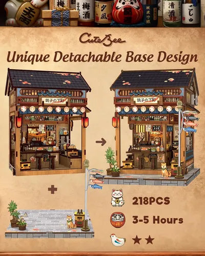 Cutebee Kit de Rincón de Libros Armable de Madera 3D Casa en Miniatura Izakaya Japonesa 218 Piezas Modelo CWGC217