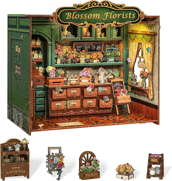 Cutebee Kit de Rincón de Libros Armable de Madera 3D Blossom Florists Floristas con Luz Led 265 Piezas Modelo CWGB403